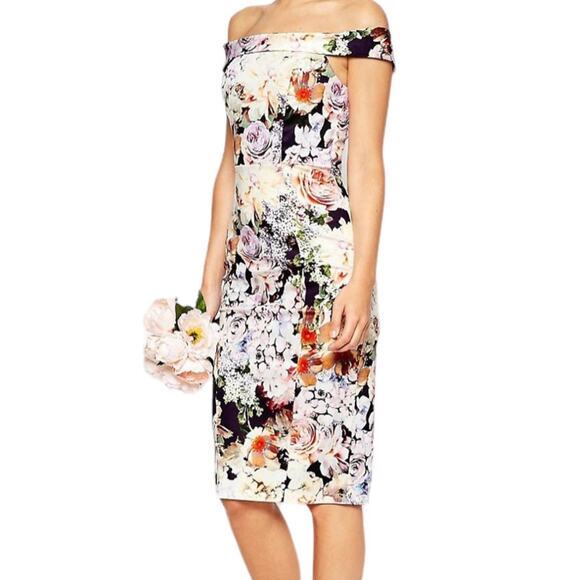 ASOS WEDDING Bardot Navy Floral Off Shoulder Pencil Dress - Picture 4 of 8